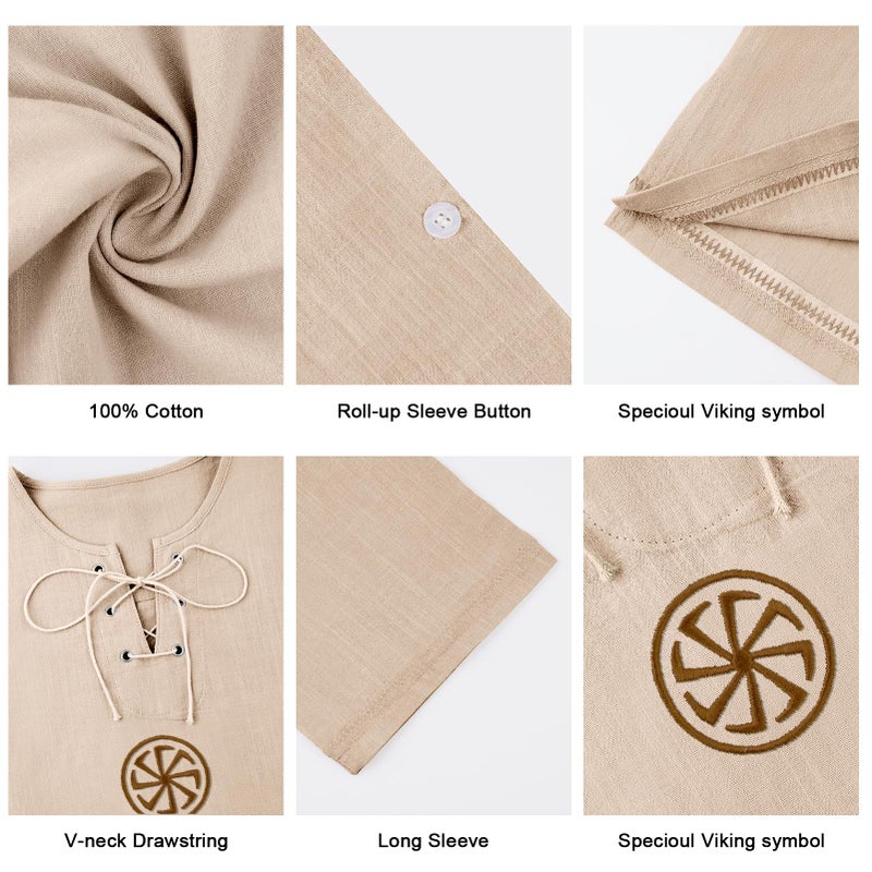 Rela Bota Men's Fashion Cotton Linen Shirt Long Sleeve Solid Color Ethnic Beach Yoga Top Khaki XL - Image 4